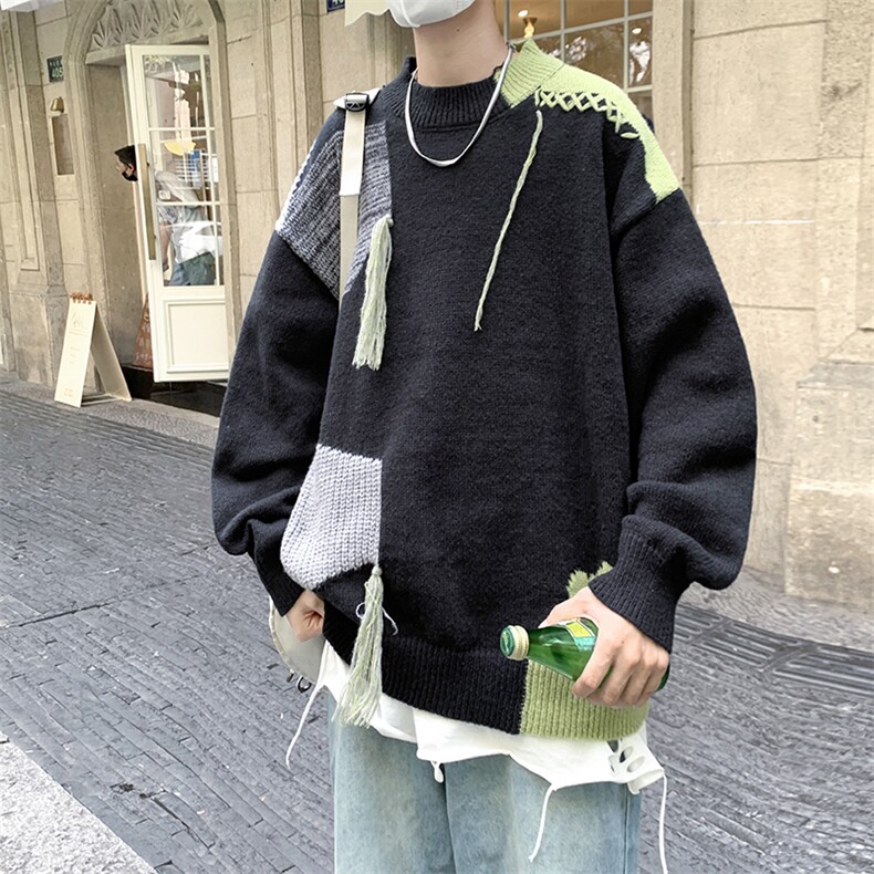 现货 慵懒针织衫上衣秋冬季oversize破坏感拼色毛衣男 M924-P50图片
