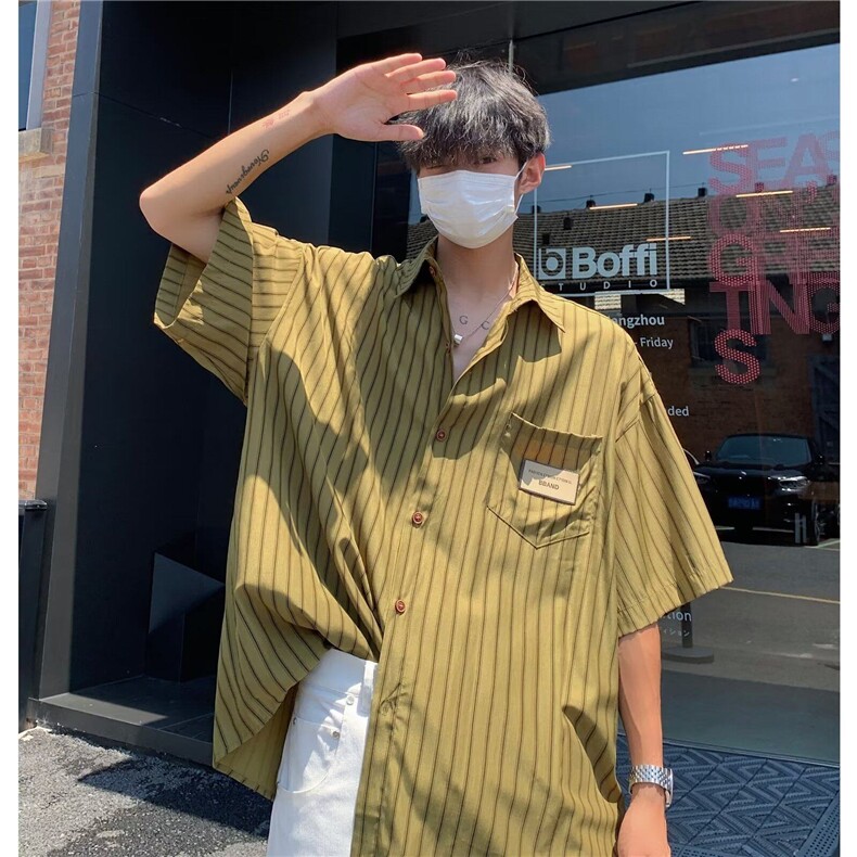 W432-P25日系复古条纹衬衫五分袖夏季休闲宽松时尚翻领衬衣,男装T恤,星座911-1