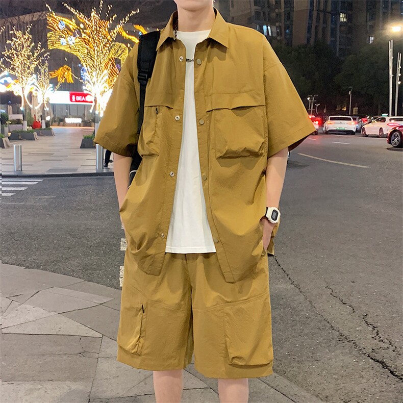 夏季套装男高品潮牌五分袖衬衫短裤大码两件套DSA157B-C72-P88图片
