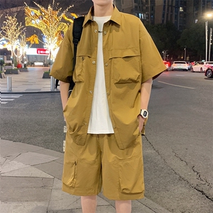 夏季套装男高品潮牌五分袖衬衫短裤大码两件套DSA157B-C72-P88图片