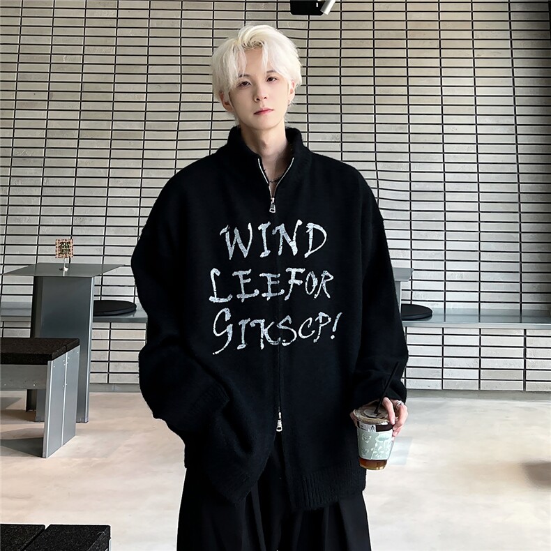 秋冬美式高级小众重磅针织衫开衫加厚印花拉链毛衣外套12806-P75,男装针织衫/毛衣,电商C307