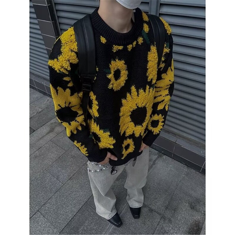 日系复古向日葵植绒毛衣慵懒高级感男女bf潮牌针织衫秋冬款情侣,男装针织衫/毛衣,星座218-1（原230）
