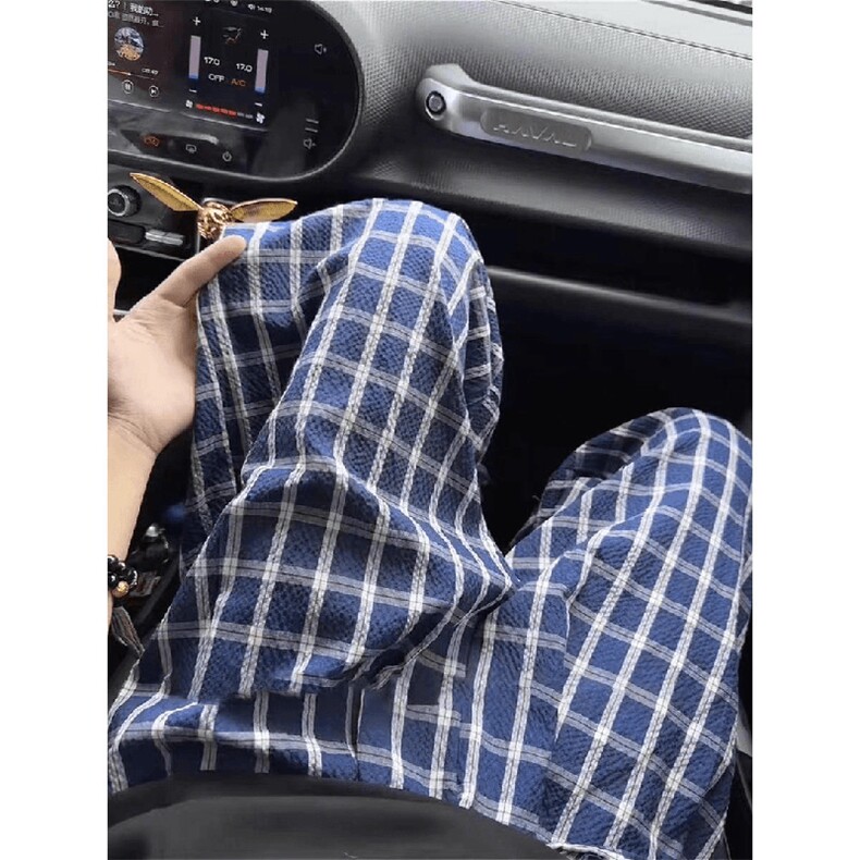 美式高街潮牌男女泡泡格子休闲裤直筒宽松慵懒显瘦阔腿休闲长裤子图片
