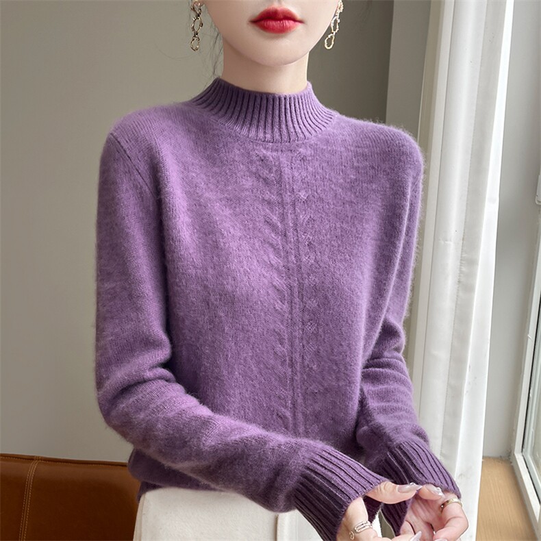 秋冬季半高领加厚针织毛衣女宽松纯色百搭100%纯羊毛时尚打底上衣,女装羊毛衫,郡淞羊绒