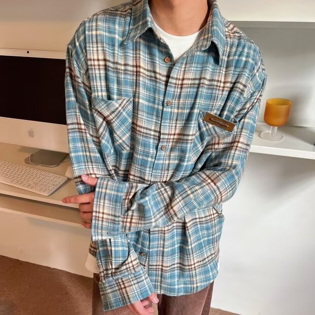 衬衫长袖男生2025春秋季新款美式宽松翻领格子衬衣复古潮流休闲图片