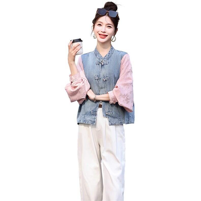 专柜同步~【莎】新中式盘扣牛仔拼接设计外套气质上衣~专柜价949,女装牛仔外套,星宇服饰