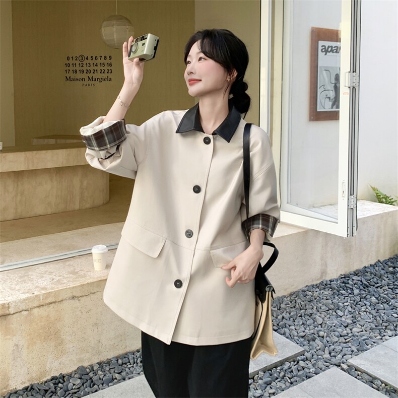 撞色格子拼接风衣外套女2025秋季新款韩系设计感气质百搭显瘦大衣,女装风衣,2C092