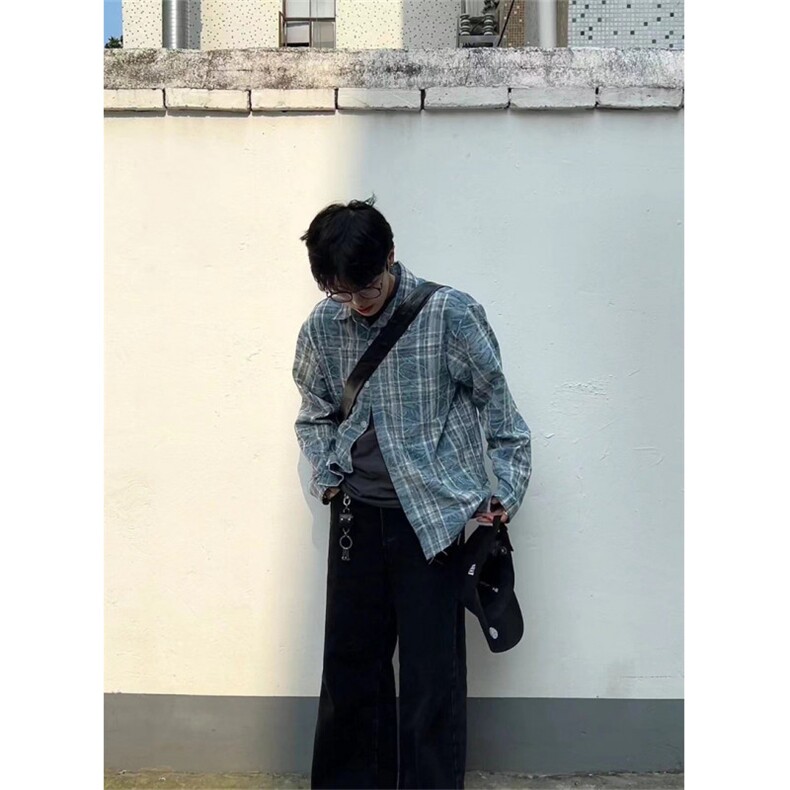 散养文化美式复古慵懒风格子衬衫，XZ1005-1-TTH0011-批价50控68,男装衬衫,星座1005-1