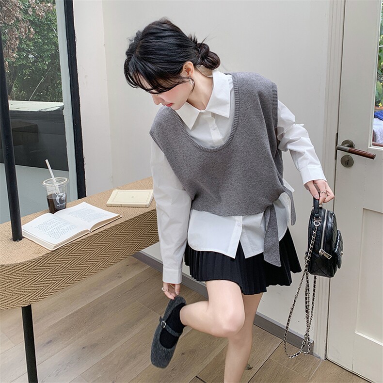 高级松弛感穿搭套装女2025春新款设计感系带针织马甲衬衫两件套,女装套装/套裙,维壹