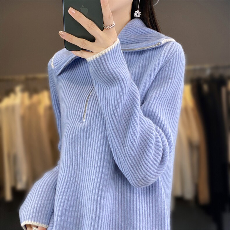 2025年秋季新款百搭女士翻领羊毛套头衫,女装羊毛衫,春贝羊绒