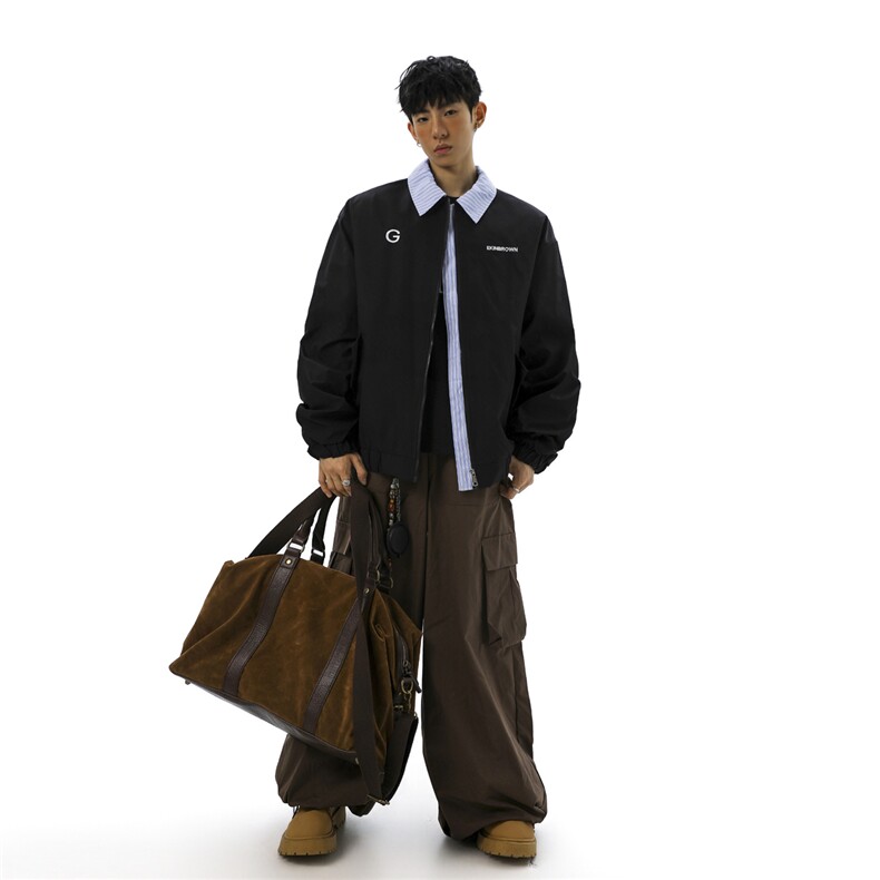 条纹撞色领字母刺绣大码M-5XL夹克男聚酯纤维JK78080P69控98，男装夹克，星座227-7