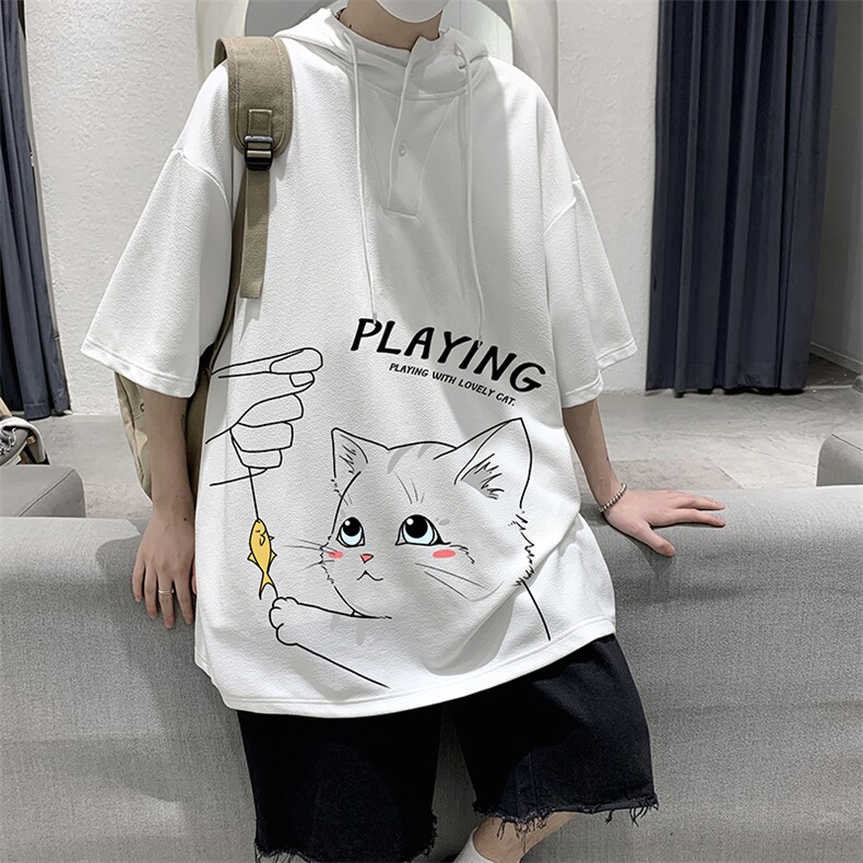 LD54129-P45 连帽短袖t恤男大码胖子带帽五分袖中袖 大皂风图片