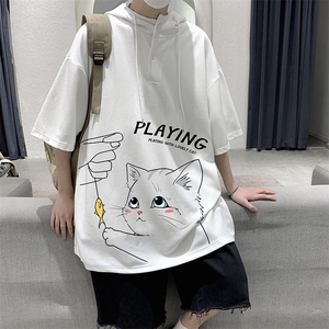 LD54129-P45 连帽短袖t恤男大码胖子带帽五分袖中袖 大皂风图片