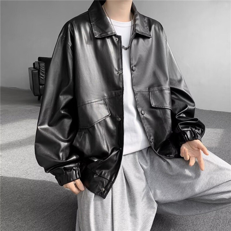 皮衣男港风潮流宽松款痞帅机车服青年飞行员帅气皮夹克皮外套潮,男装夹克,星座601-1
