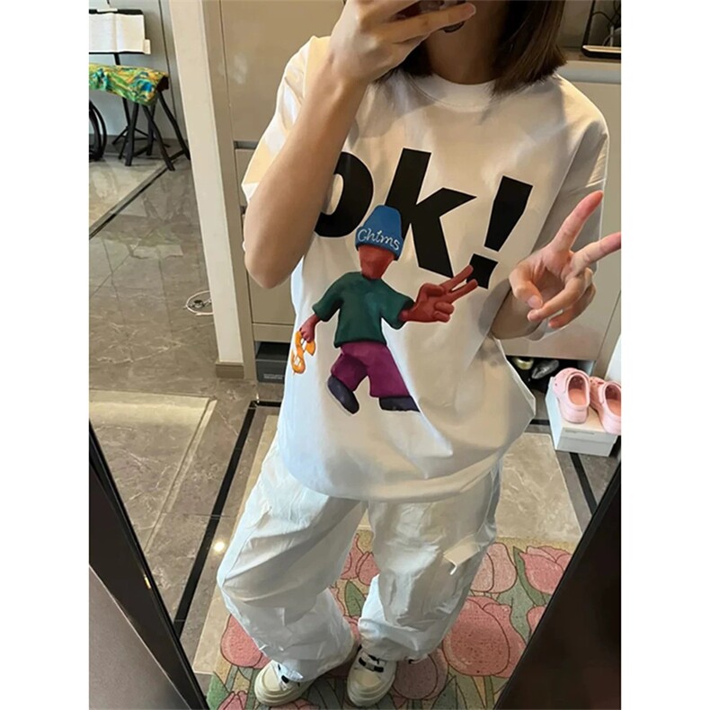 网图有货 美式设计感卡通人物比耶印花纯棉短袖T恤男女 A585-P25图片