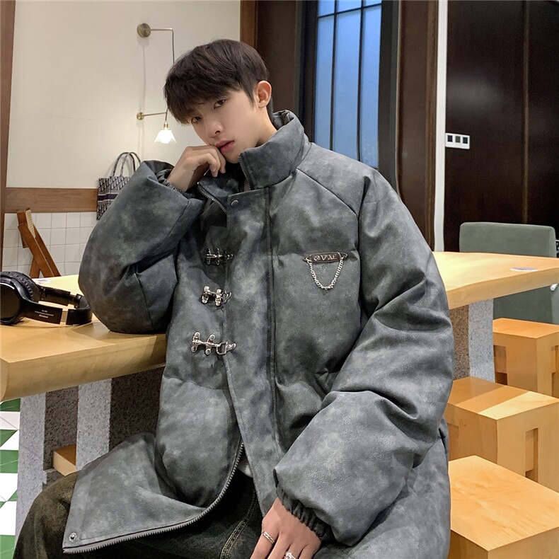 港风立领PU皮复古做旧面料金属飞机扣设计棉衣男MY77726P148控198，男装棉衣，星座227-7