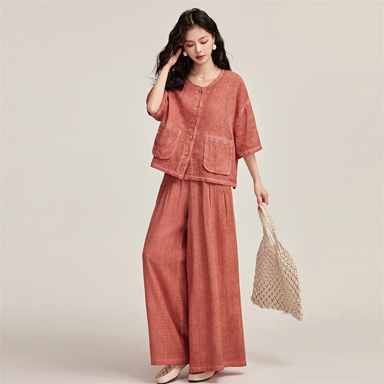 韩城.文艺范苎麻炒色棉麻套装女松驰大码2025夏天透气开衫阔腿裤s，女装套装/套裙，宝儿家