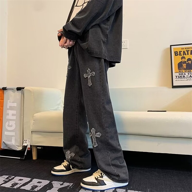 欧美高街vibe裤子ins十字架牛仔裤男直筒美式复古阔腿裤GN33-P45,男装牛仔裤,星座1008-1
