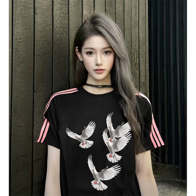 抖音得物品质二开240克宽松纯棉美式潮牌印花三条杠中性风短袖T恤,男装T恤,电商A486-1