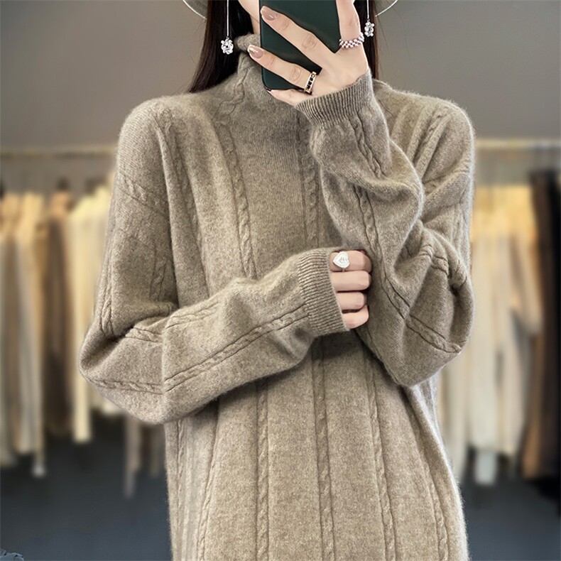 羊毛针织裙时尚麻花中长款连衣裙秋冬新款半高领打底衫,女装连衣裙,蒙莲贝斯