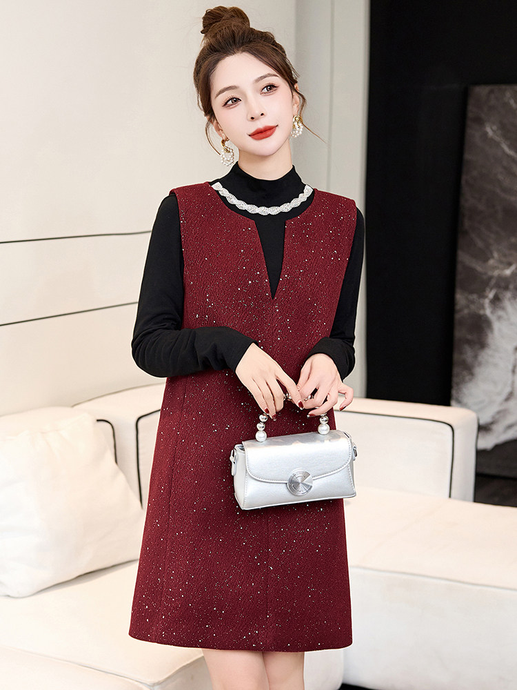 小香风连衣裙两件套女2026春冬新款重工钉珠毛呢背带裙打底衫,女装套装/套裙,美沁