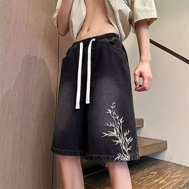 新中式竹叶刺绣牛仔短裤男夏季设计感高级国潮宽松休闲过膝五分裤,男装牛仔裤,星座302B
