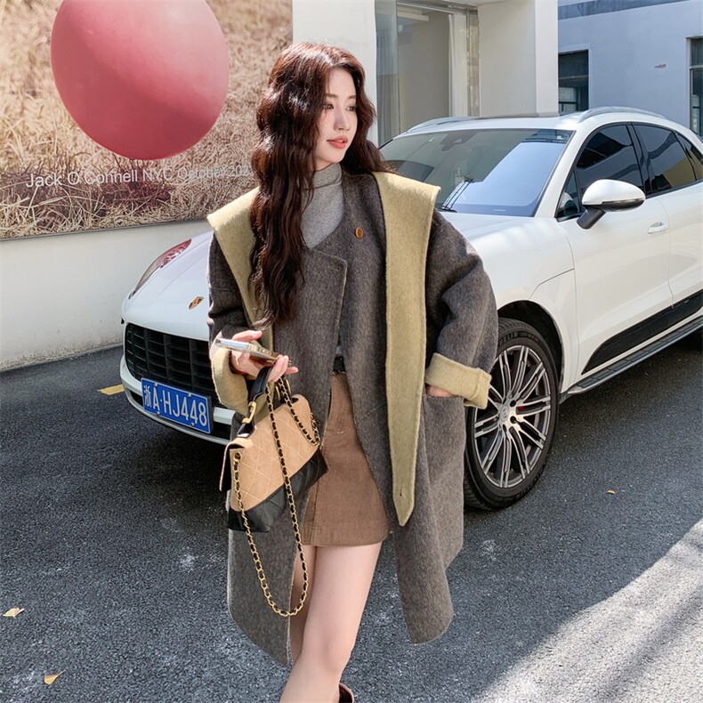 灰色娃娃领撞色连帽双面呢羊毛大衣女2025新款高级设计感加厚外套,女装羊绒大衣,2C056