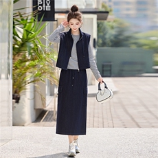 牛仔马甲半身裙套装女2026新款早春一整套穿搭条纹上衣裙子三件套，女装套装/套裙，浙宝029