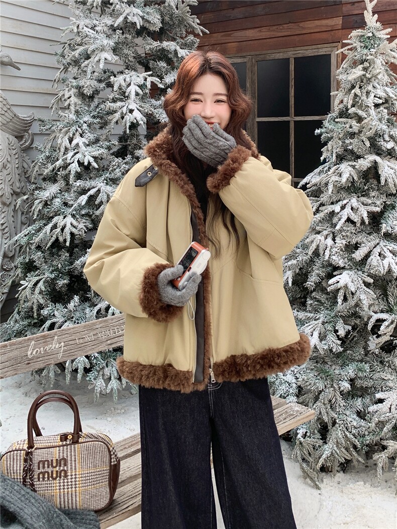 羽绒服女2025冬季新款女装卡其色皮毛一体拼接派克服加厚保暖外套,女装羽绒服,慧尚依恋