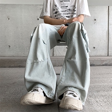 做旧复古牛仔裤男秋季潮牌美式高街痞帅直筒宽松拖地阔腿裤子，男装牛仔裤，星座716-3