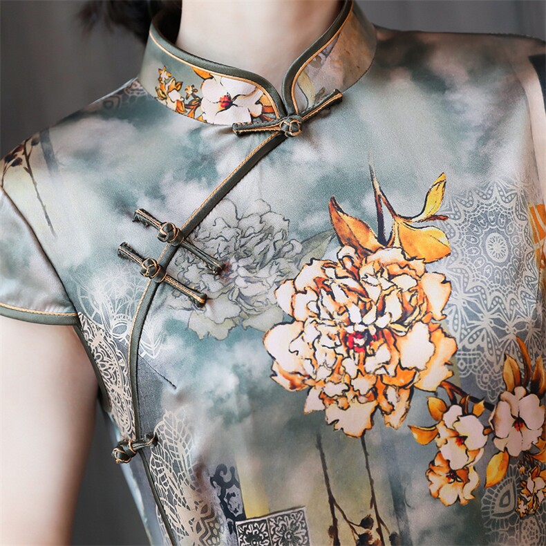 杭州真丝连衣裙女新款蚕改良旗袍2026年夏季新款复古妈妈裙子,女装连衣裙,小荷流