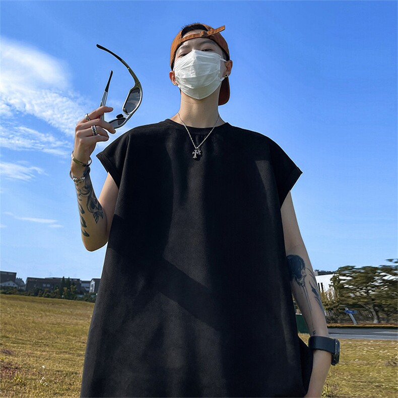 抖音得物直播高品质二开240克麂皮绒光版纯色背心无袖t恤特11.5,男装T恤,电商A486
