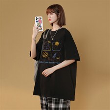 中性风短袖t恤男刺绣学生纯棉宽松416B-1-DT217-P25限39，男装T恤，星座416B-1