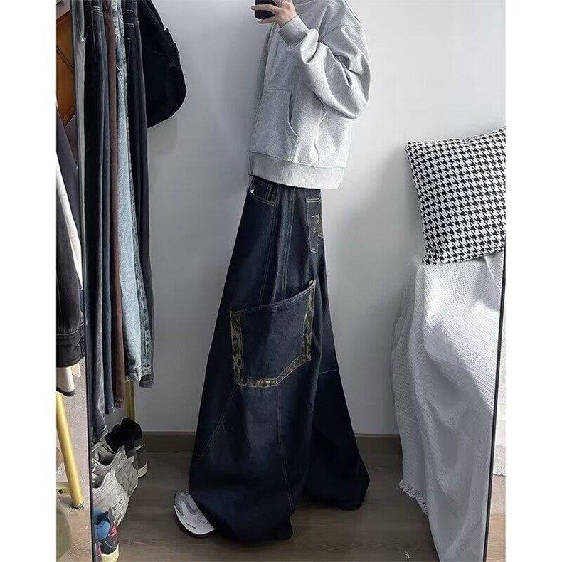 美式复古街头设计感廓形弯刀牛仔裤宽松阔腿拖地长裤香蕉裤镰刀裤,男装牛仔裤,星座410-7