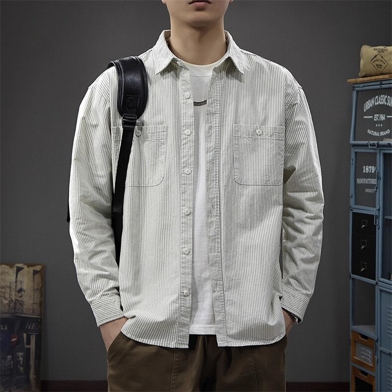 条纹美式衬衫男长袖春季2025新款休闲衣服潮流百搭高级感大码春秋,男装衬衫,星座506A