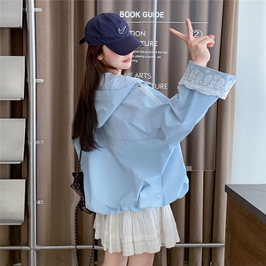现货-2025新款浅蓝色蕾丝拼接连帽防晒衣外套女夏P145-K208图片