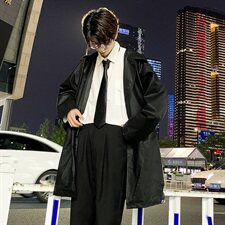 港风后背字母印花皮风衣男中长款过膝外套A090-FY90P115限138，男装风衣，电商A089-1