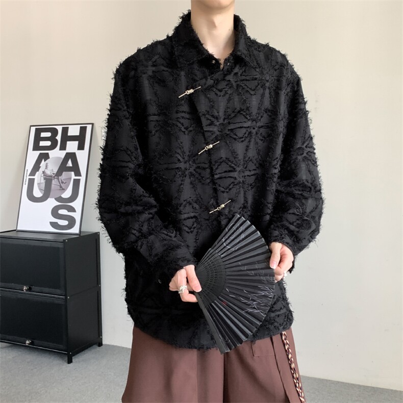 2025秋装新中式潮流小众流苏毛边设计感衬衫男宽松长袖衬衣大码,男装衬衫,星座909