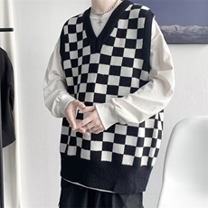 港风秋款男V领背心条纹棋盘格针织衫拼色线衣M537P33，男装背心/马甲，星座1013-1