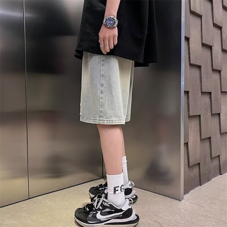 高街复古做旧蓝五分裤男女夏季设计感宽松阔腿牛仔短裤DA6604-P35,男装牛仔裤,星座208-5