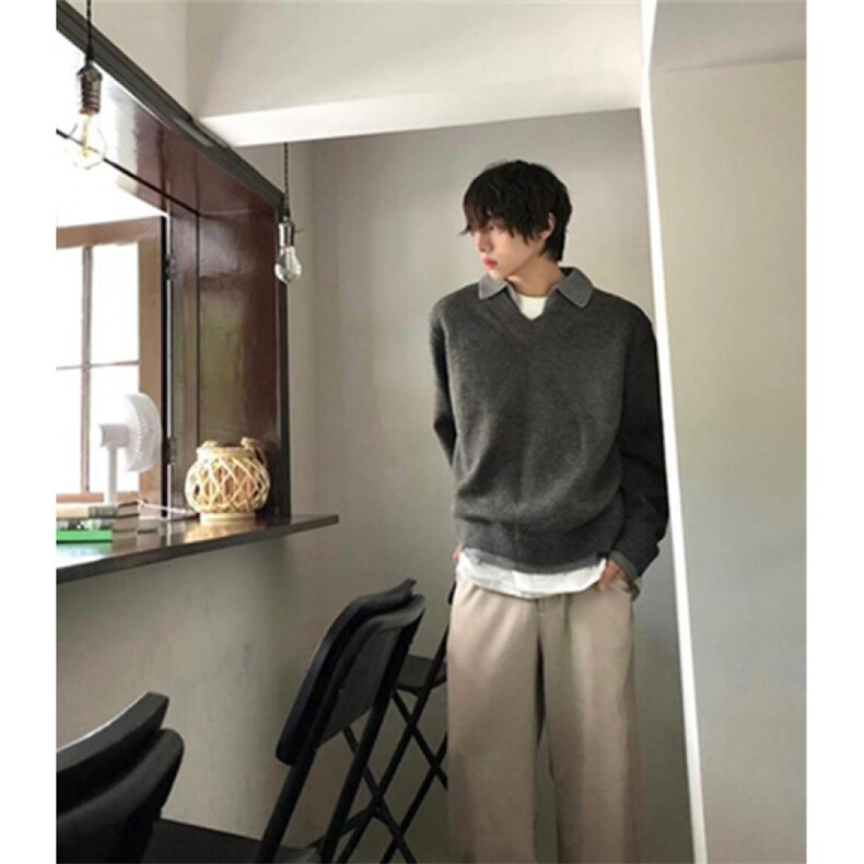 青少年ins潮V领燕麦色假两件拼接针织衫毛衣男款冬季纯色MB176,男装针织衫/毛衣,星座1116A（原606A-3）