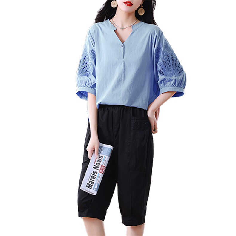 休闲运动套装女夏短袖运动服洋气七分裤时尚高级感妈妈装两件套,女装套装/套裙,涵誉