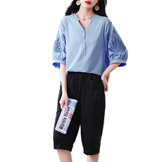 休闲运动套装女夏短袖运动服洋气七分裤时尚高级感妈妈装两件套，女装套装/套裙，涵誉