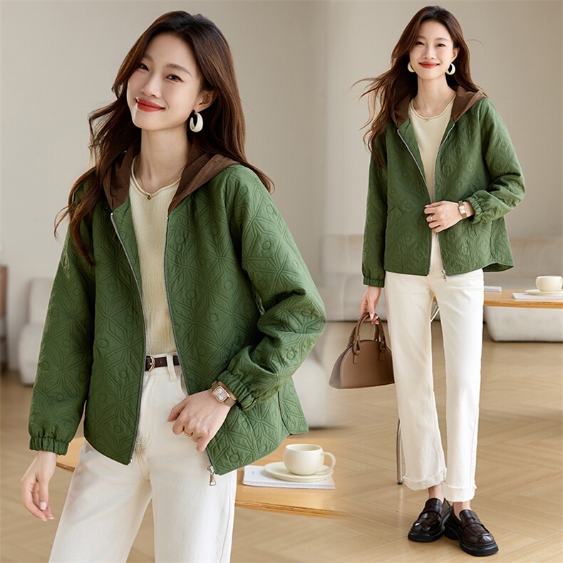 时尚百搭连帽短外套女秋冬新款显瘦轻薄夹克韩版休闲上衣外套，女装短外套，韩派