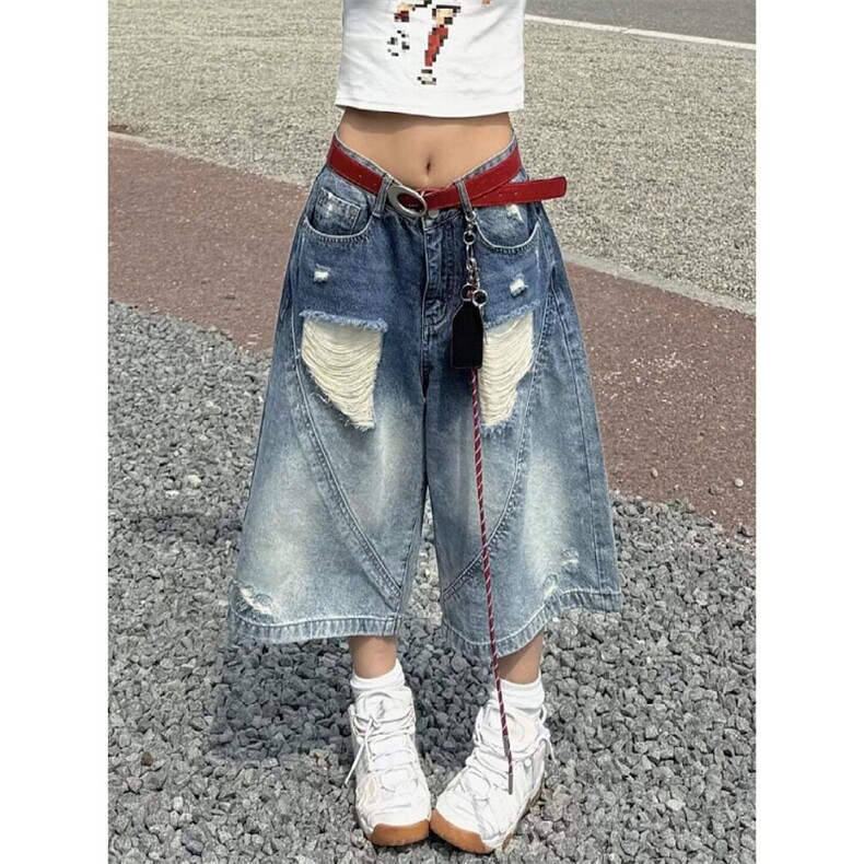 夏季男女美式复古破洞牛仔七分短裤小众设计感中裤网图,男装牛仔裤,星座410-7