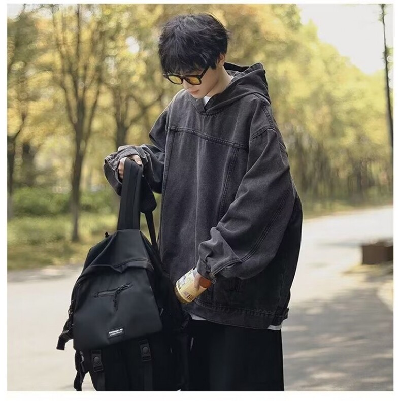 E06P65港风水洗复古牛仔卫衣外套男连帽秋季潮牌日系宽松套头,男装卫衣,星座512-6