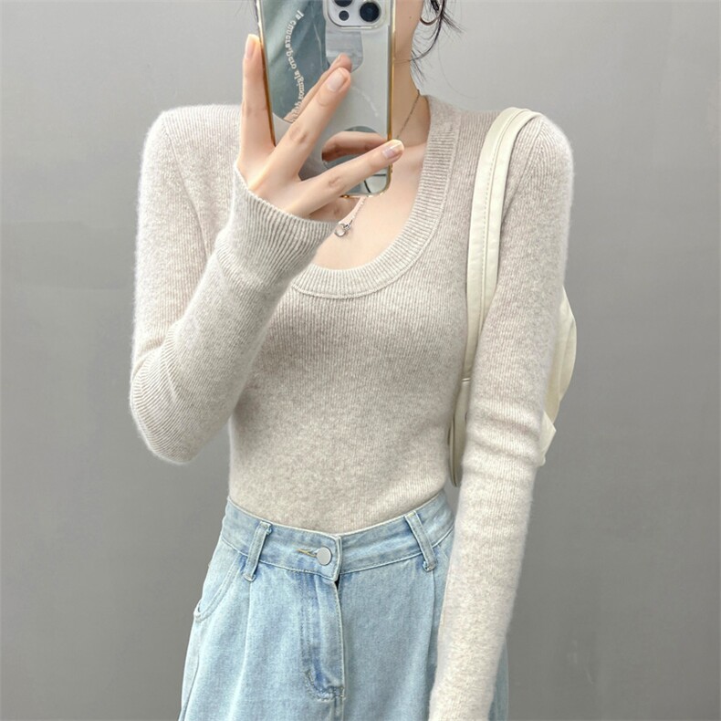 欧货秋冬软糯100纯山羊绒衫女毛衣U型圆领套头修身显瘦针织打底衫,女装羊绒衫,织绒羊
