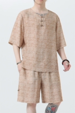 2025夏季新款男装风冰丝印花盘扣唐装套装短袖+短裤A105-P80，男装休闲套装，电商B277(原6028)