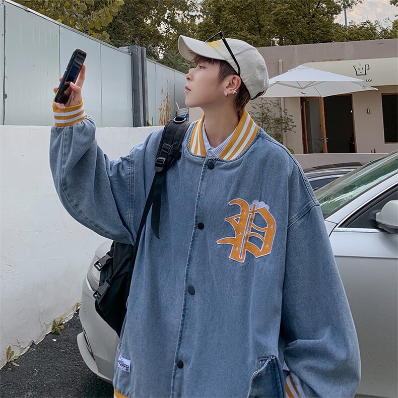 棒球服牛仔外套男韩版潮流拼色2023秋冬新款ins宽松夹克W4008-P58，男装大码男装，星座412-2