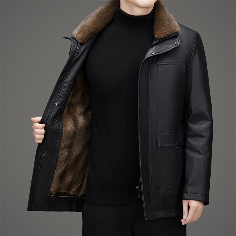 可脱卸黄金貂毛领派克服男装冬季商务休闲皮草外套翻领皮衣加绒,男装皮衣,钱塘6003（原4033）